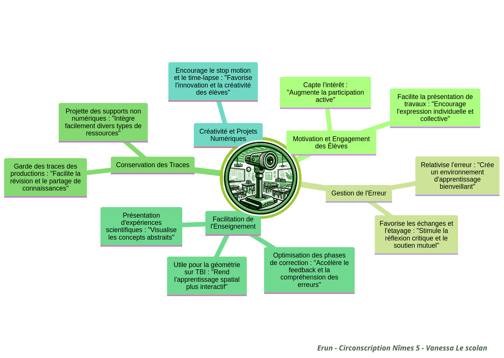 Schéma bilan des apports pédagogiques du visualiseur : créativité, motivation, gestion de l'erreur, correction, facilitation et conservation des traces