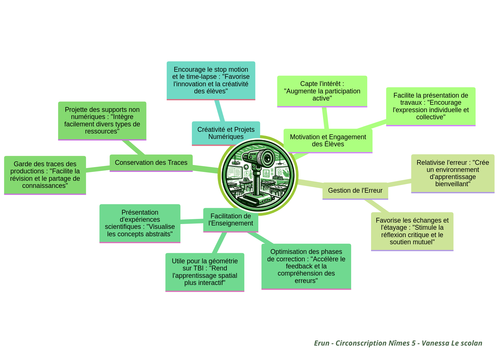 Schéma bilan des apports pédagogiques du visualiseur : créativité, motivation, gestion de l'erreur, correction, facilitation et conservation des traces