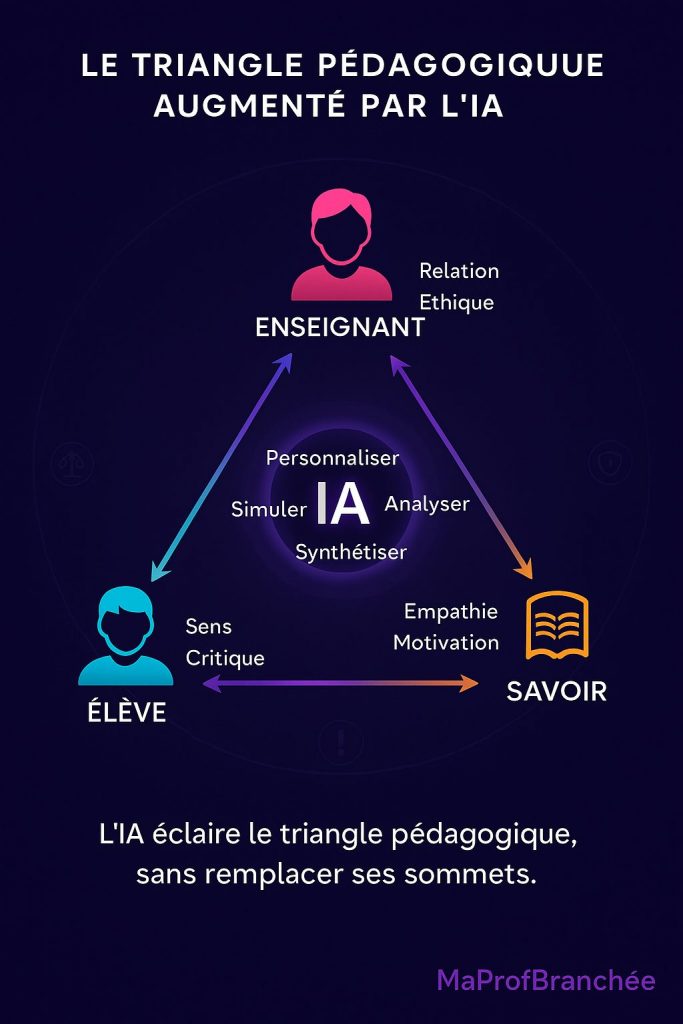 Triangle pédagogique augmenté par l'IA : schéma représentant les interactions entre Enseignant, Élève, Savoir et IA