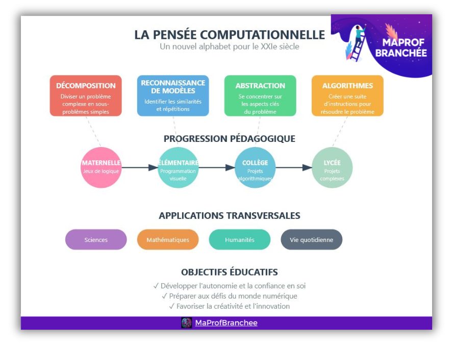Schéma illustrant les applications de la pensée computationnelle dans différentes disciplines scolaires