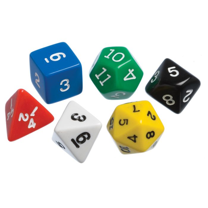 Collection de dés polyédriques D4, D6, D8, D10, D12, D20 utilisés en jeu de rôle