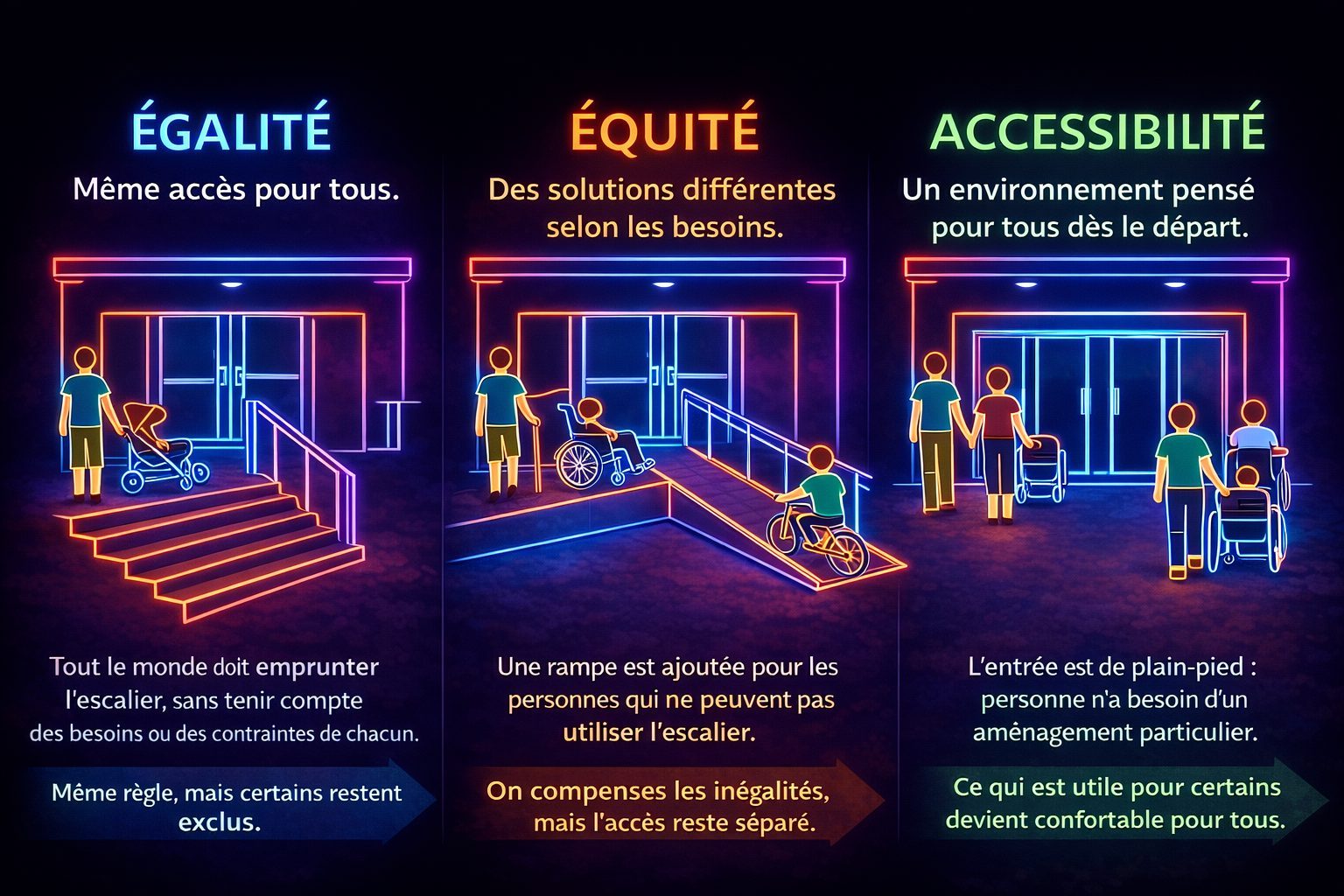 Infographie Égalité vs Équité vs Accessibilité - La CUA vise l'accessibilité : un environnement pensé pour tous dès le départ