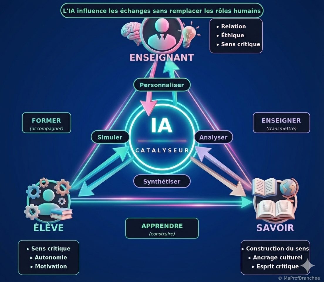 Schéma du triangle pédagogique augmenté par l'IA selon Houssaye