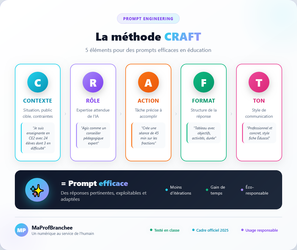 Méthode CRAFT pour construire des prompts efficaces - Contexte, Rôle, Action, Format, Ton