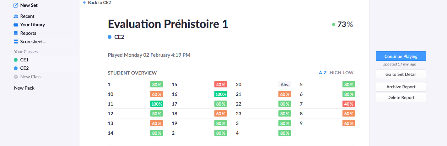 Interface Plickers montrant la question La Préhistoire est la période avec 4 propositions de réponse